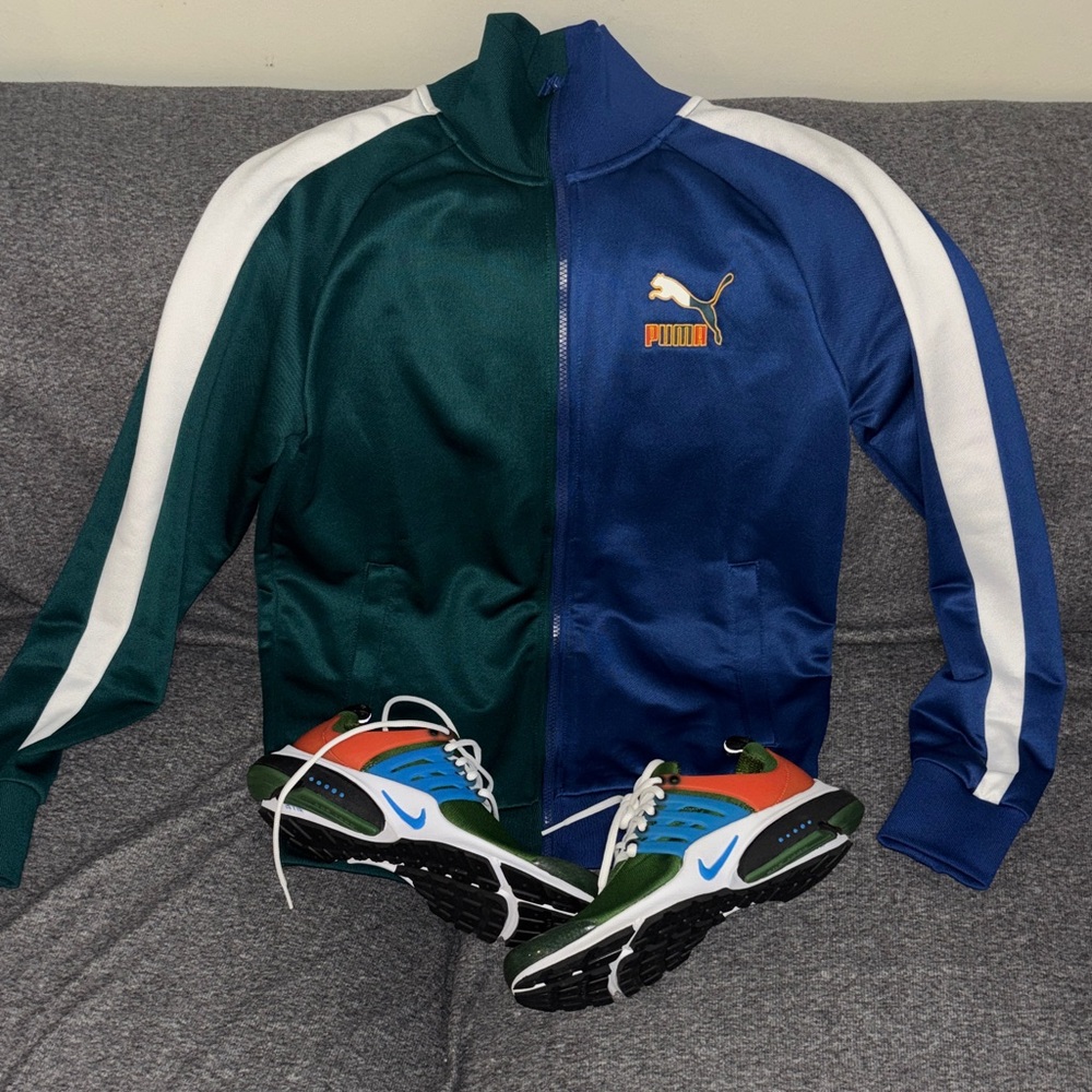 Puma Blue and Green Jacket with Blue, Green, and Orange Nike Presto Sneakers